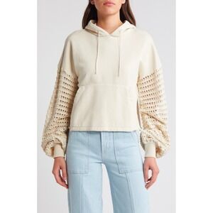 Rails Joyce Crochet Sleeve Hoodie Flax Beige 100% Cotton Raw Hem Pullover Medium